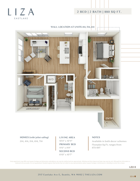 Liza Apartment 3D floor plan - 2x2 880 sqft